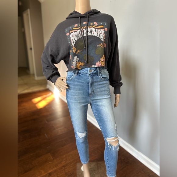 Hollister Tops - Hollister Grey Graphic Cropped Hoodie